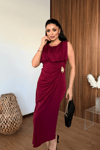 Sandy Kumaş Büzgü Detaylı Elbise - BORDO
