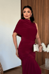 Sandy Kumaş Büzgü Detaylı Elbise - BORDO