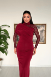 Sandy Kumaş Dantel Detaylı Elbise - BORDO