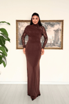 Sandy Kumaş Dantel Detaylı Elbise - KAHVERENGİ