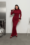 Sandy Kumaş Kolları Otriş Detaylı Elbise - BORDO