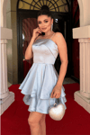 Saten Kumaş Askılı Mini Elbise - BEBE MAVİSİ