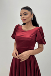 Saten Kumaş Balon Kol Midi Elbise - BORDO