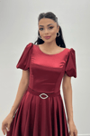 Saten Kumaş Balon Kol Midi Elbise - BORDO
