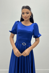 Saten Kumaş Balon Kol Midi Elbise - SAKS MAVİ