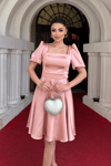 Saten Kumaş Balon Kol Mini Elbise - PUDRA