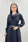 Saten Kumaş Degaje Yaka Abiye Elbise - SİYAH