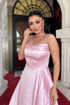 Saten Kumaş Degaje Yaka Asimetri Kesim Abiye Elbise - PEMBE