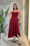 Saten Kumaş Degaje Yaka Midi Elbise - BORDO