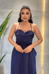 Saten Kumaş Degaje Yaka Midi Elbise - LACİVERT