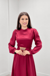 Saten Kumaş Kemer Detaylı Abiye Elbise - BORDO