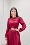 Saten Kumaş Kemer Detaylı Abiye Elbise - BORDO