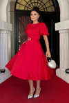 Satin Fabric Belt Detailed Midi Dress - Red