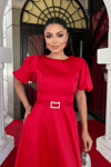 Satin Fabric Belt Detailed Midi Dress - Red