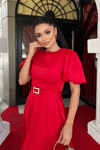 Satin Fabric Belt Detailed Midi Dress - Red