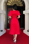 Satin Fabric Belt Detailed Midi Dress - Red
