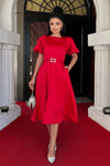 Satin Fabric Belt Detailed Midi Dress - Red