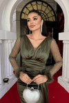 Saten Kumaş Kolları Otrişli Boncuk Detaylı Balık Elbise - HAKİ YEŞİLİ