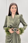 Saten Kumaş Kolları Tüy Detaylı Abiye Elbise - HAKİ YEŞİL