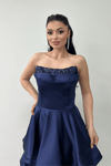 Saten Kumaş Payet Detaylı Straplez Mini Elbise - LACİVERT