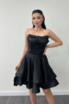 Saten Kumaş Payet Detaylı Straplez Mini Elbise - SİYAH