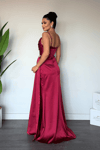 Saten Kumaş Şal Detaylı Abiye Elbise - BORDO