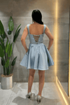 Saten Kumaş Sırtı İpli Mini Elbise - BEBE MAVİSİ