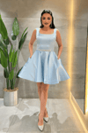 Saten Kumaş Sırtı İpli Mini Elbise - BEBE MAVİSİ