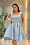 Saten Kumaş Sırtı İpli Mini Elbise - BEBE MAVİSİ