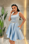 Saten Kumaş Sırtı İpli Mini Elbise - BEBE MAVİSİ