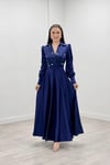 Saten Kumaş Taş Detaylı Abiye Elbise - LACİVERT