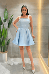 Saten Kumaş Taş Detaylı Mini Elbise - BEBE MAVİSİ