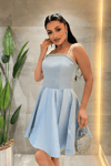 Saten Kumaş Taş Detaylı Mini Elbise - BEBE MAVİSİ