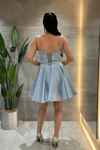 Saten Kumaş Taş Detaylı Mini Elbise - BEBE MAVİSİ
