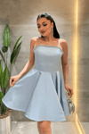 Saten Kumaş Taş Detaylı Mini Elbise - BEBE MAVİSİ