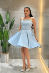 Saten Kumaş Taş Detaylı Mini Elbise - BEBE MAVİSİ