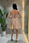 Saten Kumaş Taş Detaylı Mini Elbise - KREM