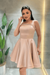 Saten Kumaş Taş Detaylı Mini Elbise - KREM