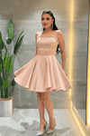 Saten Kumaş Taş Detaylı Mini Elbise - KREM