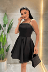 Saten Kumaş Taş Detaylı Mini Elbise - SİYAH