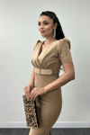 Scuba Fabric Belt Detailed Dress - Beige