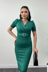 Scuba Fabric Belt Detailed Dress - Emerald Green