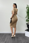 Scuba Fabric Belt Detailed Dress - Beige
