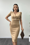 Scuba Fabric Belt Detailed Dress - Beige