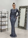 Şeritli Payet Kumaş Balık Elbise - LACİVERT