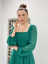Şifon Krep Kumaş Kare Yaka Midi Elbise - ZÜMRÜT YEŞİL