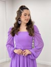 Şifon Krep Kumaş Kare Yaka Midi Elbise - LİLA