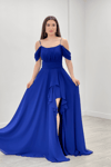 Chiffon Suspended Flywheel Detailed Evening Dress - SAX BLUE