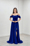 Chiffon Suspended Flywheel Detailed Evening Dress - SAX BLUE