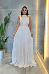 Şifon Kumaş Bel Korseli Abiye Elbise - BEJ